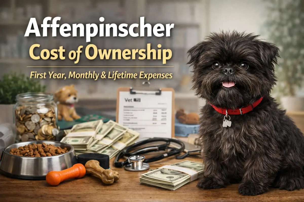 A small black Affenpinscher sitting beside dog supplies, representing Affenpinscher cost, puppy price, and ownership expenses.