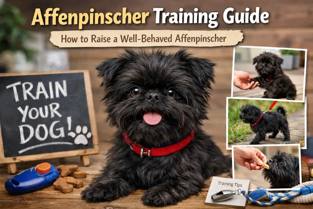 A small black Affenpinscher with a scruffy coat sitting calmly while being trained, showing its playful yet confident temperament.