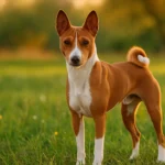 Adult Basenji standing in a grassy field, used for a Basenji lifespan, age chart, and human years guide.