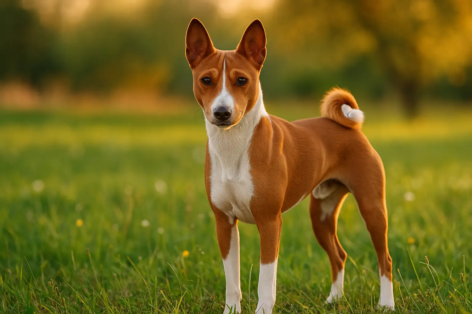 Adult Basenji standing in a grassy field, used for a Basenji lifespan, age chart, and human years guide.