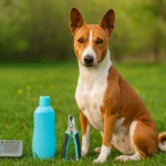 Basenji sitting on grass beside grooming tools, showing its short coat and low shedding level