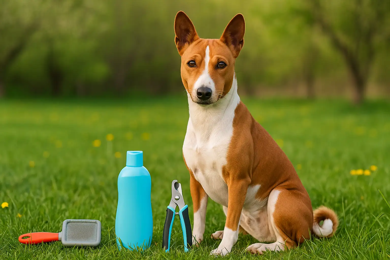 Basenji sitting on grass beside grooming tools, showing its short coat and low shedding level