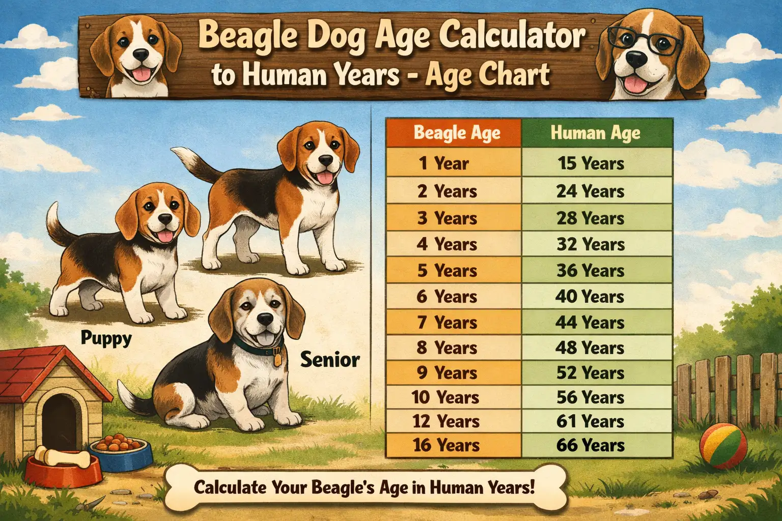 Beagle age chart showing Beagle years converted to human years by life stage