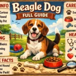 Beagle dog breed standing outdoors with floppy ears, compact body, and short tricolor coat