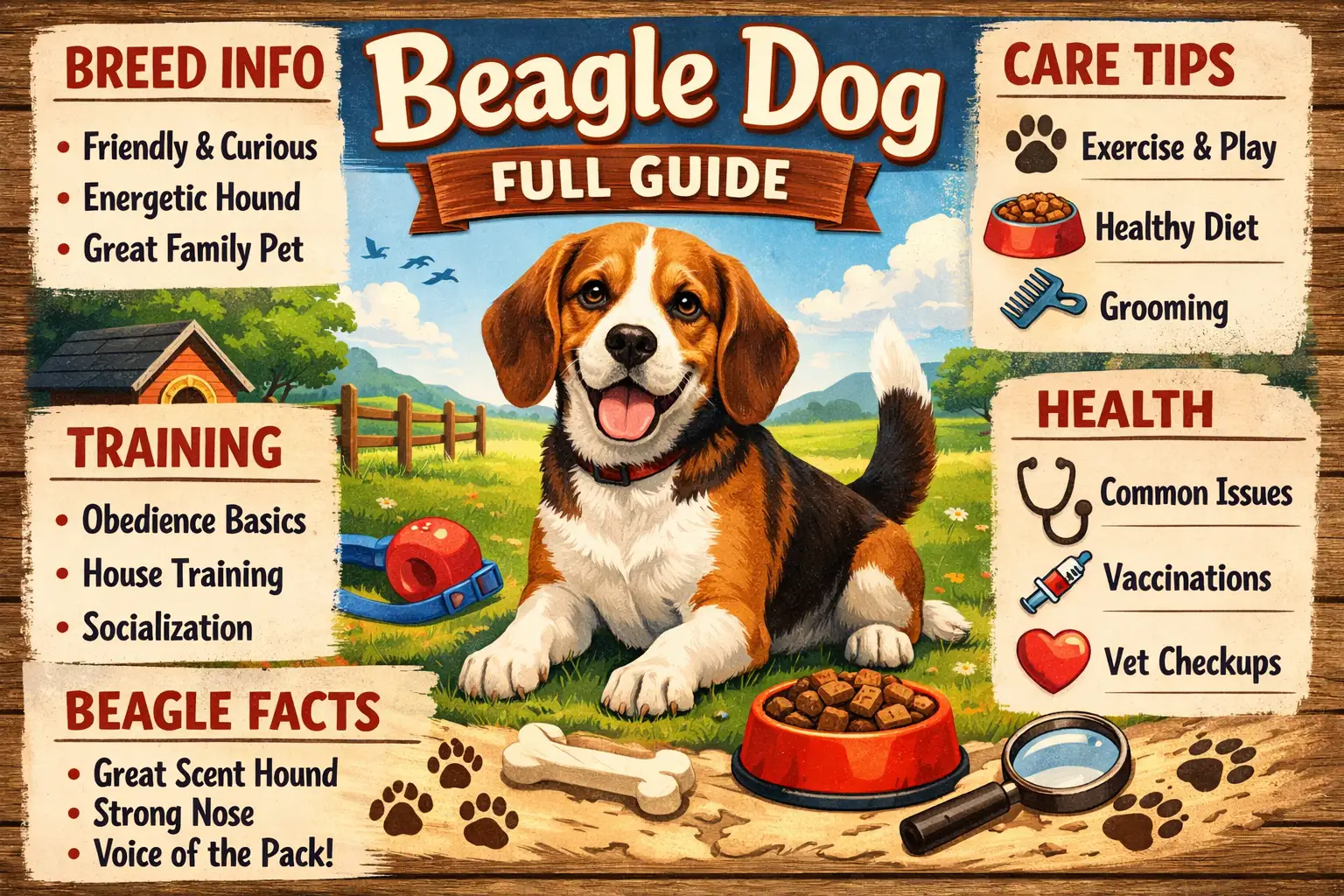 Beagle dog breed standing outdoors with floppy ears, compact body, and short tricolor coat