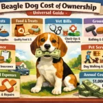 Adult Beagle sitting at home beside food, vet care, grooming, and pet supplies representing Beagle cost of ownership