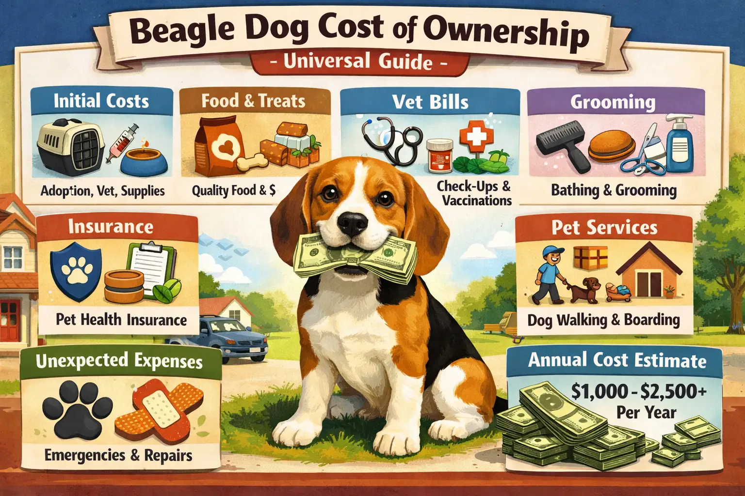 Adult Beagle sitting at home beside food, vet care, grooming, and pet supplies representing Beagle cost of ownership
