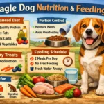 Adult Beagle eating a measured meal beside a Beagle feeding chart showing food amounts by age
