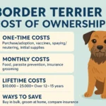 Border Terrier sitting beside a cost breakdown chart showing first-year, monthly, annual, and lifetime ownership expenses