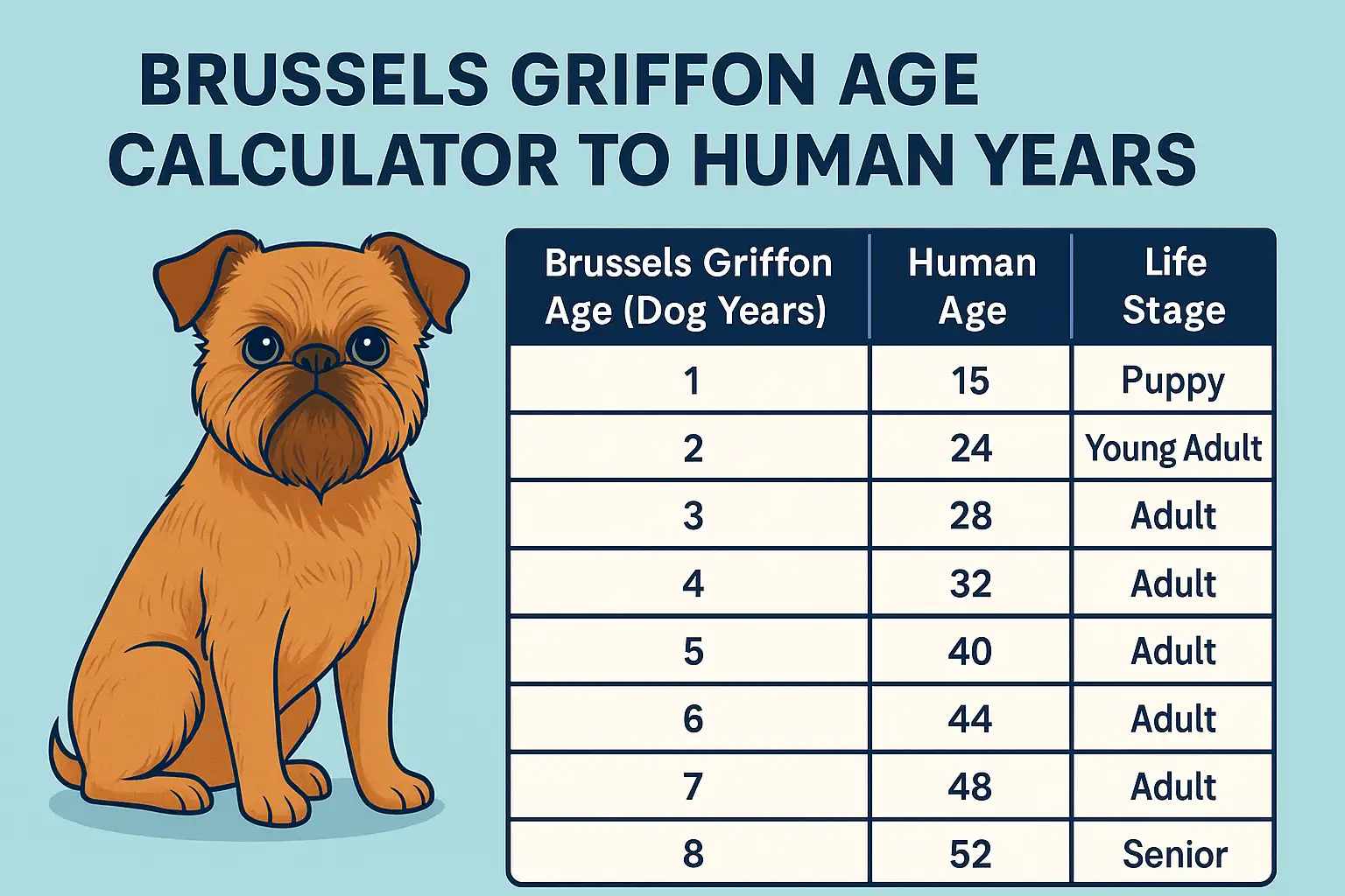 Brussels Griffon age chart showing dog years to human years, life stages, and lifespan guidance for a small Brussels Griffon dog