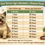 Cairn Terrier age chart showing dog years to human years conversion with life stages and simple age comparison