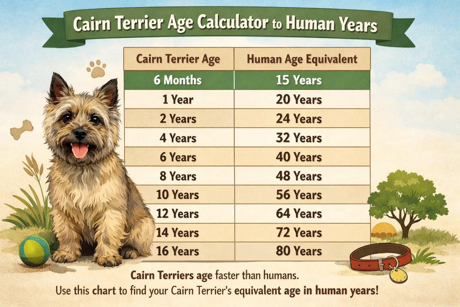 Cairn Terrier age chart showing dog years to human years conversion with life stages and simple age comparison