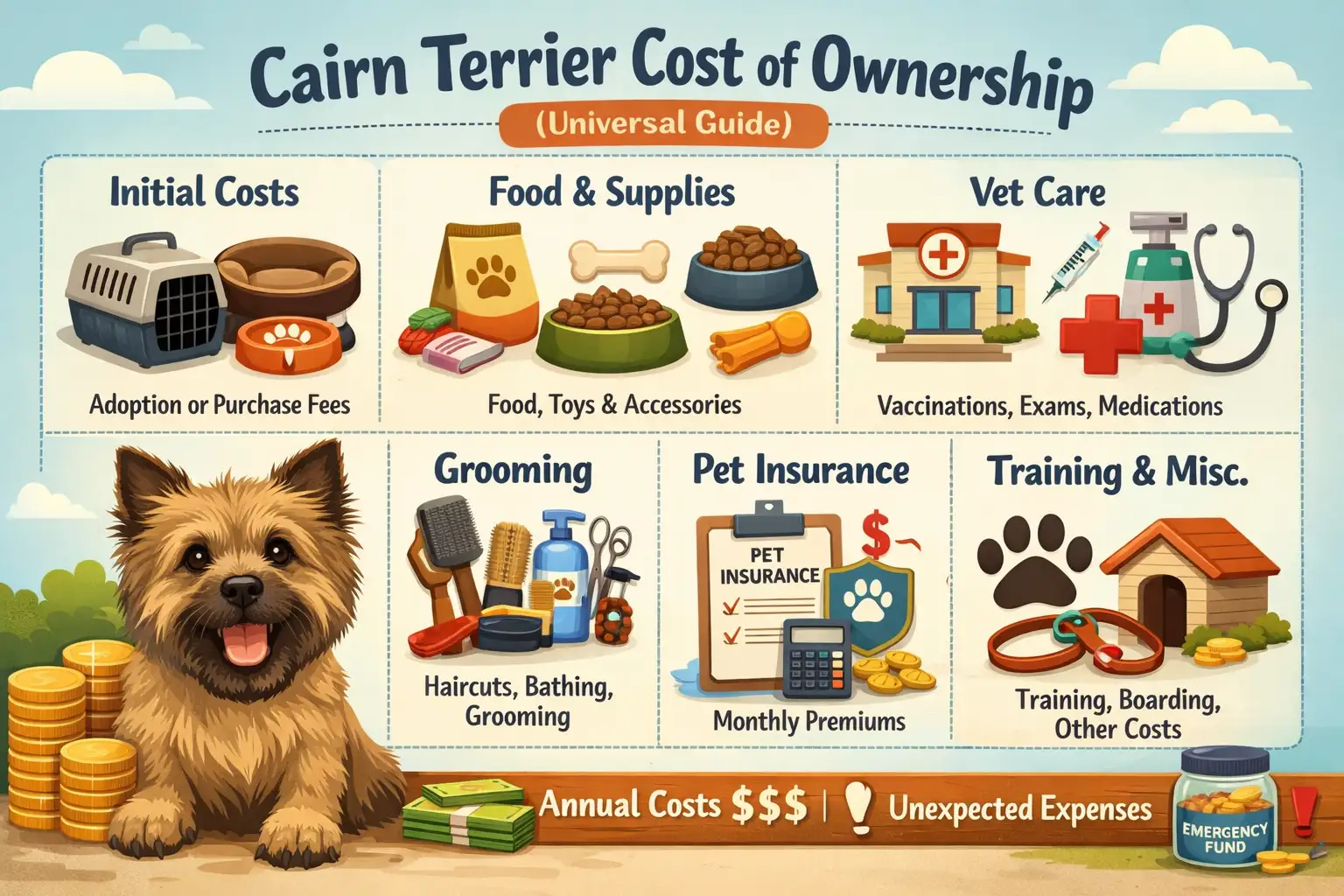 Cairn Terrier cost of ownership showing monthly yearly and lifetime expenses with a small terrier at home with food bowls toys and basic care items