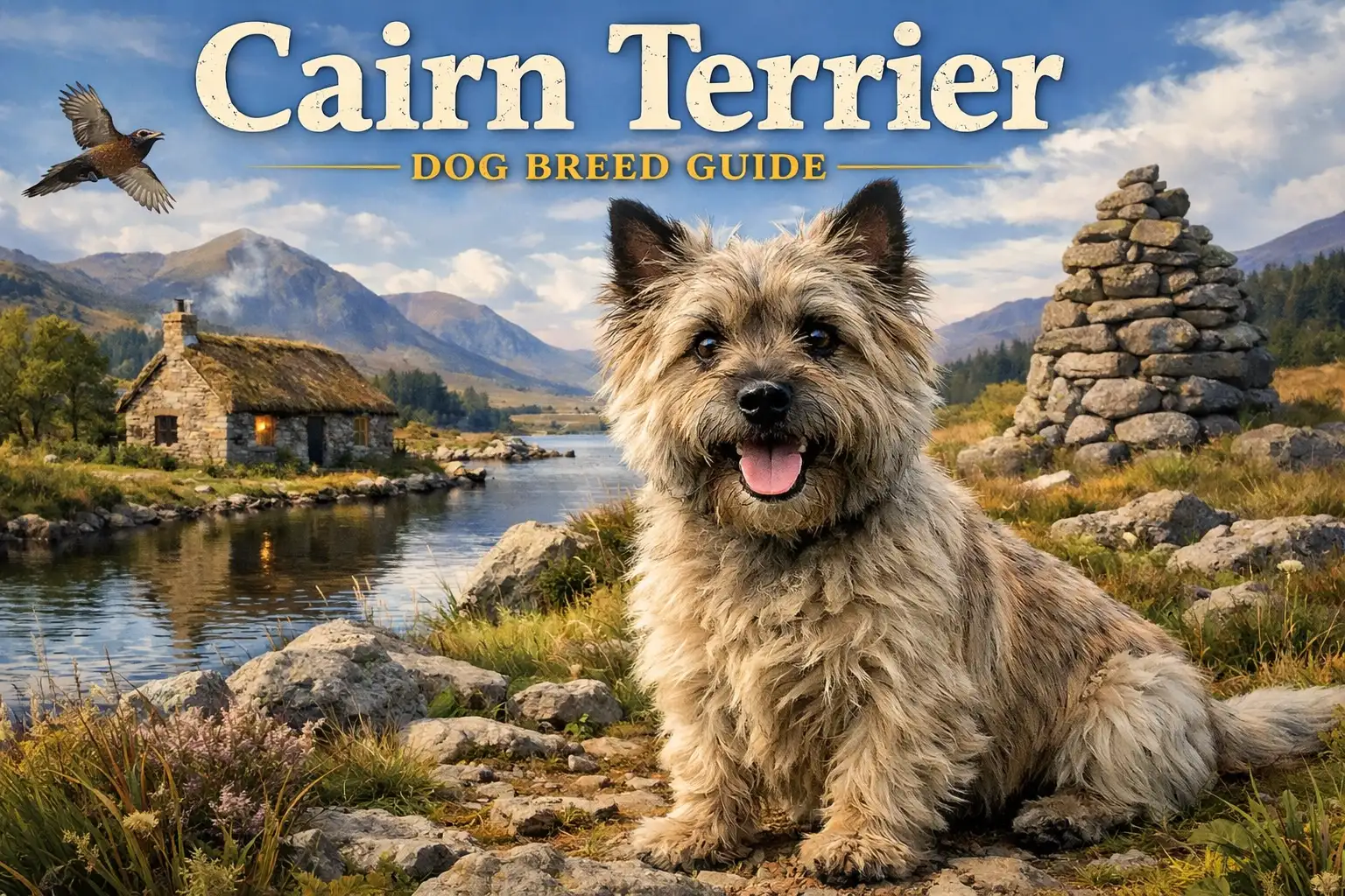 Cairn Terrier standing outdoors showing its small size, rough coat, alert expression, and confident terrier personality