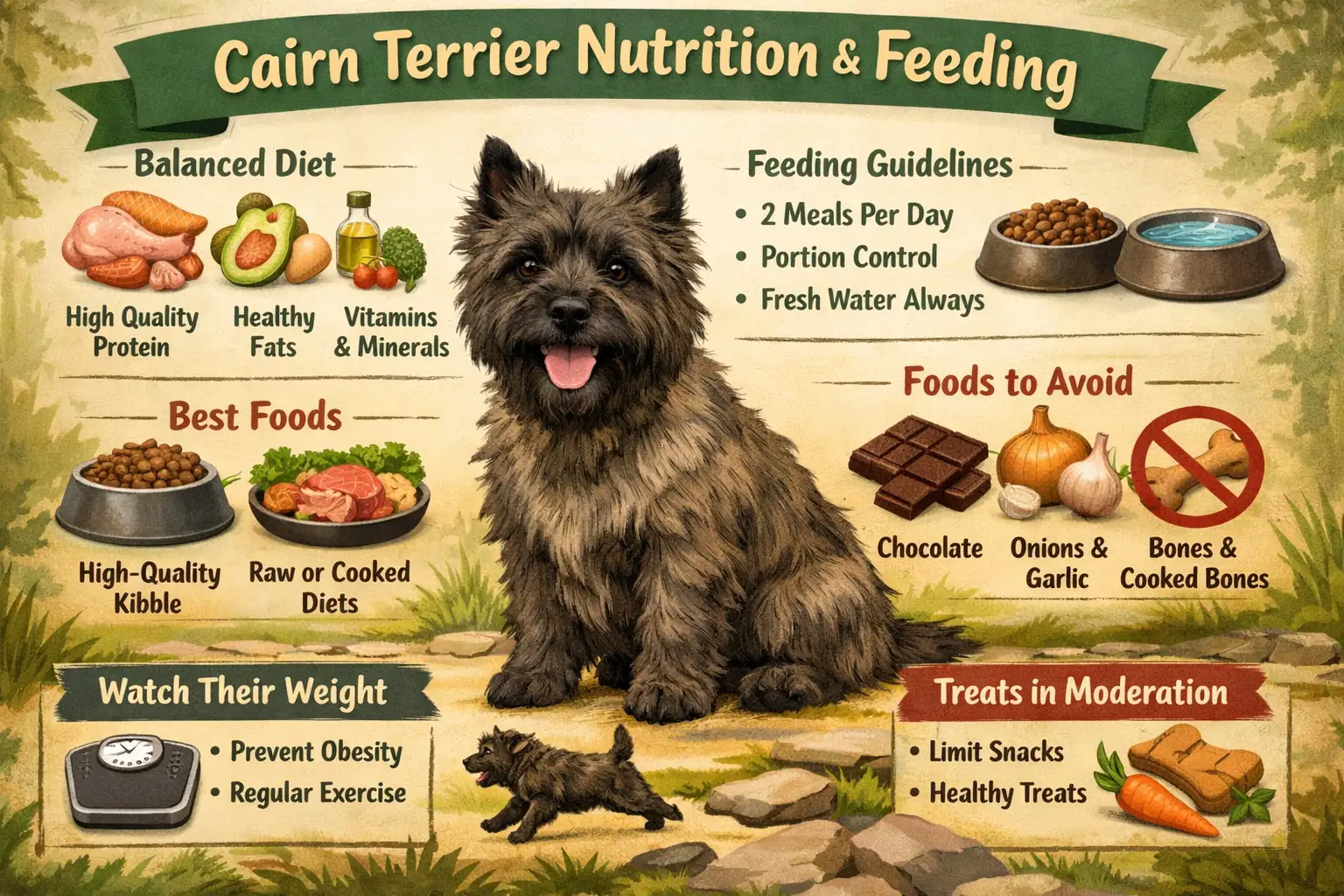Cairn Terrier eating a balanced meal showing proper feeding portion and diet guide