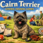 Cairn Terrier practicing reward-based training outdoors with an owner teaching basic obedience