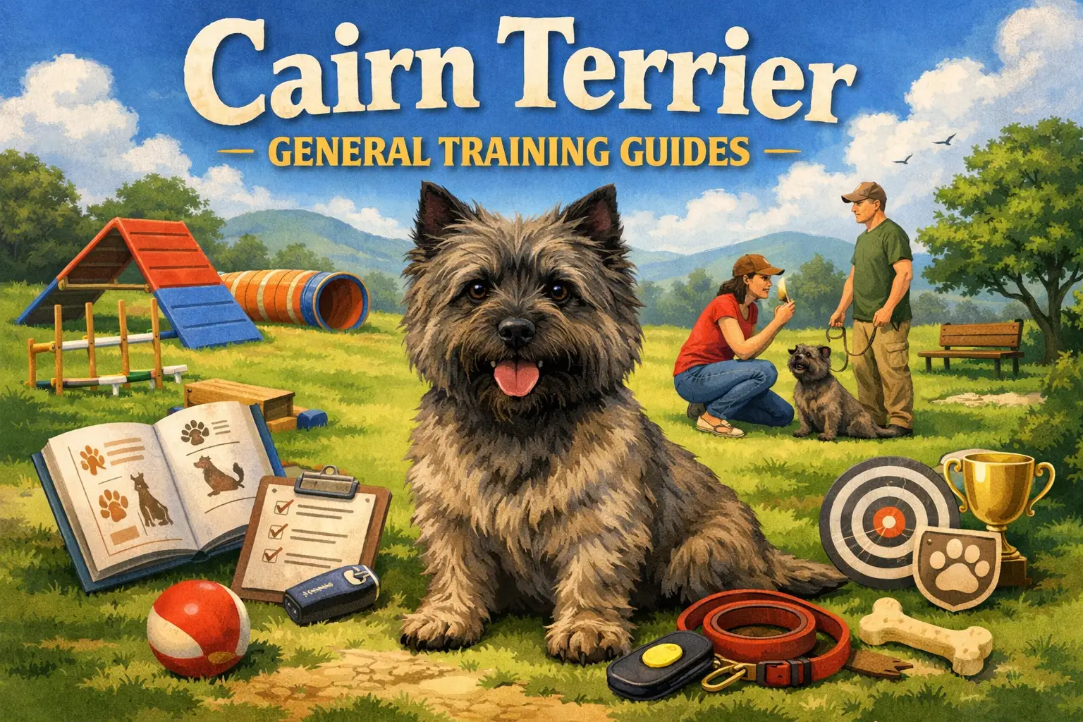 Cairn Terrier practicing reward-based training outdoors with an owner teaching basic obedience