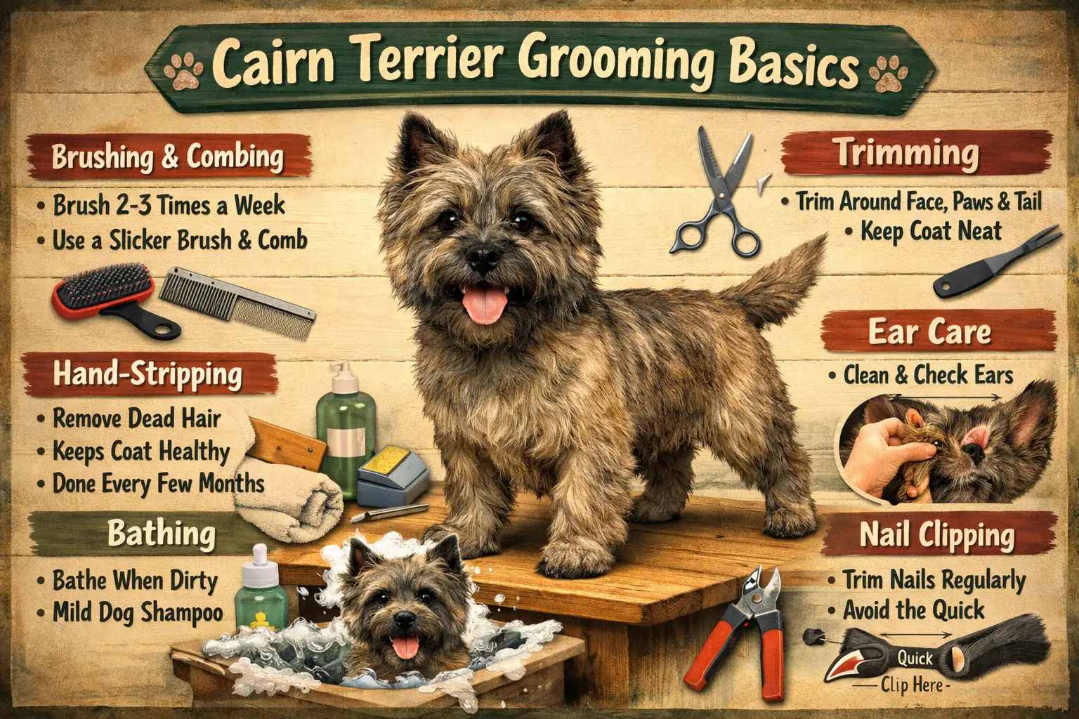 brushing a cairn terrier wiry double coat during grooming routine