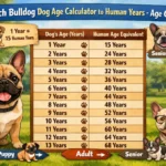 French Bulldog age chart showing dog years converted to human years with life stages