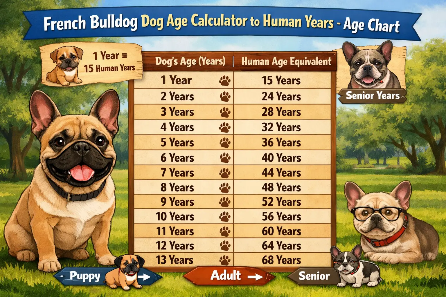 French Bulldog age chart showing dog years converted to human years with life stages