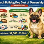 French Bulldog cost guide showing a Frenchie at home with estimated puppy price, monthly care costs, vet bills, and lifetime ownership expensesSelect 78 more words to run Humanizer.