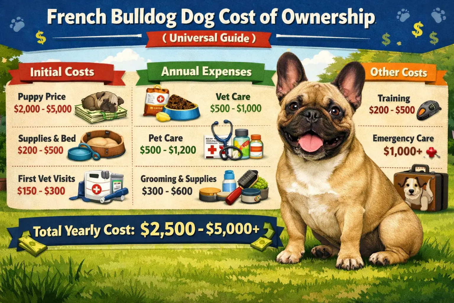 French Bulldog cost guide showing a Frenchie at home with estimated puppy price, monthly care costs, vet bills, and lifetime ownership expensesSelect 78 more words to run Humanizer.