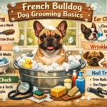 French Bulldog grooming guide showing a short-haired French Bulldog being gently brushed at home