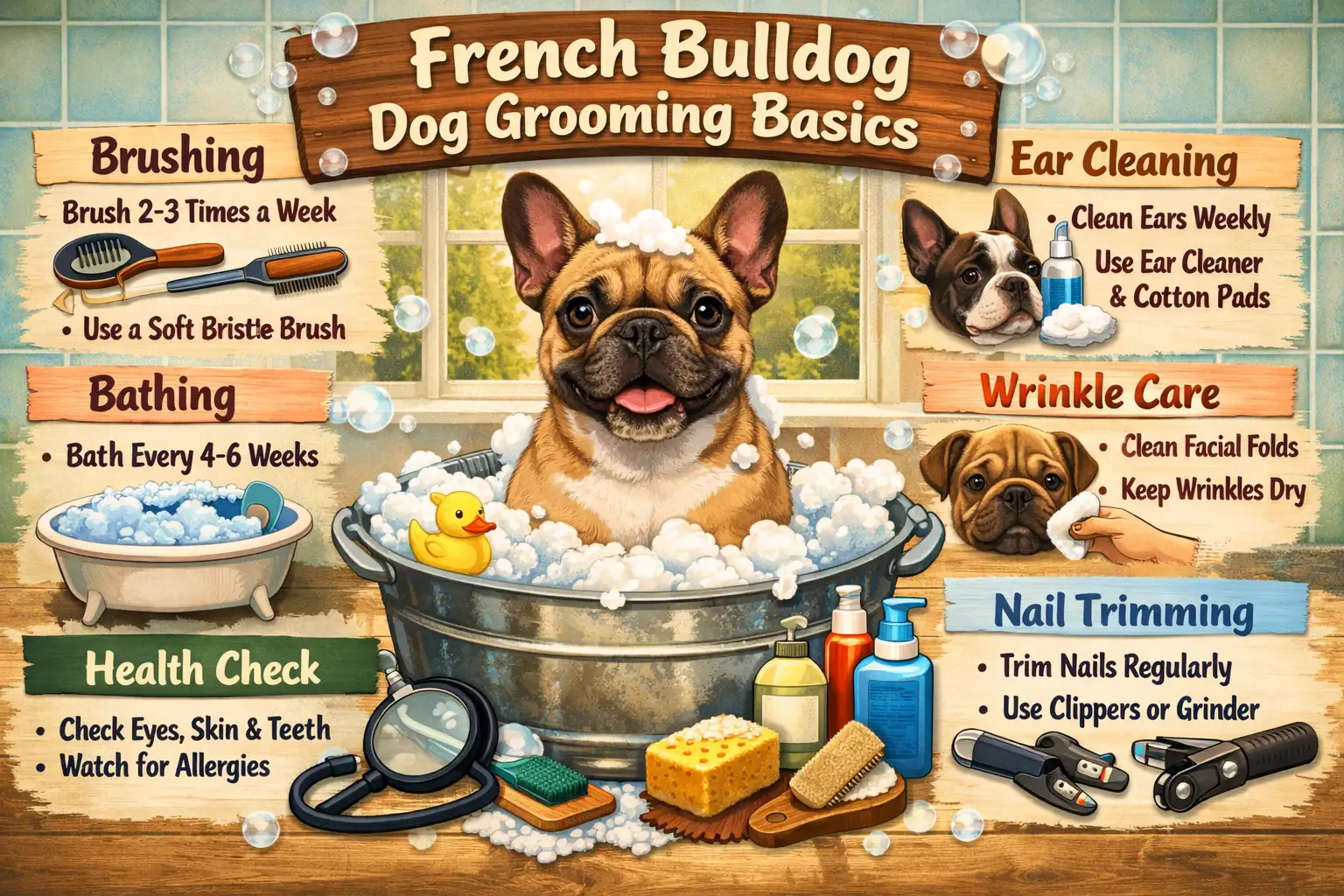 French Bulldog grooming guide showing a short-haired French Bulldog being gently brushed at home