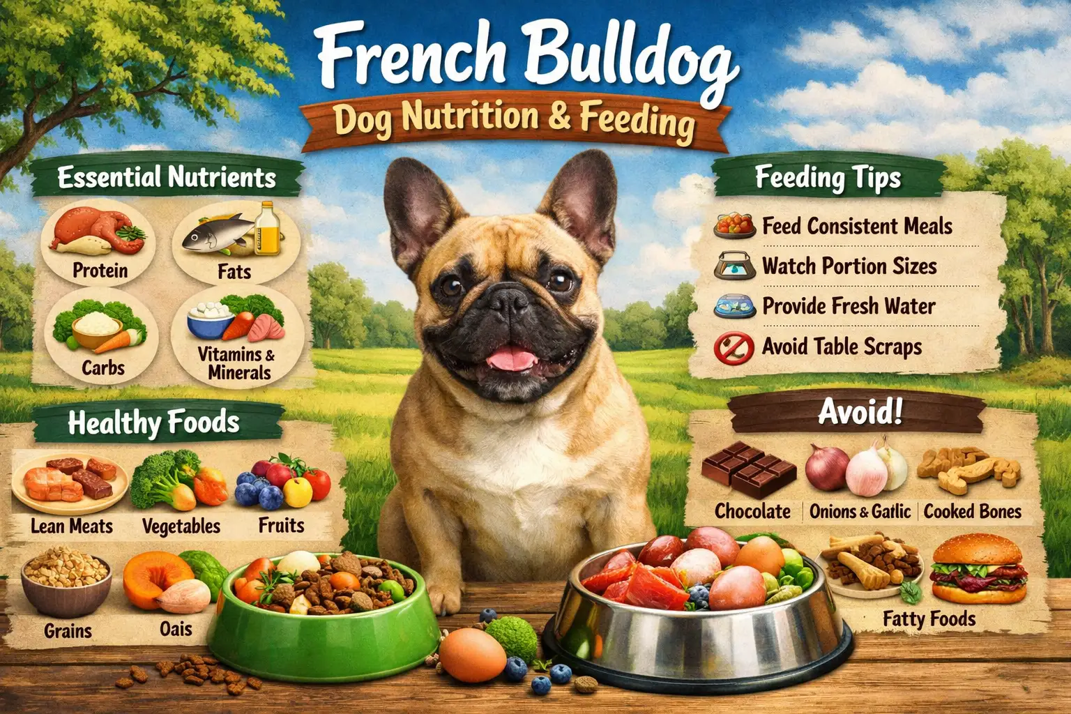 French Bulldog eating a balanced meal from a bowl as part of a nutrition and feeding guide