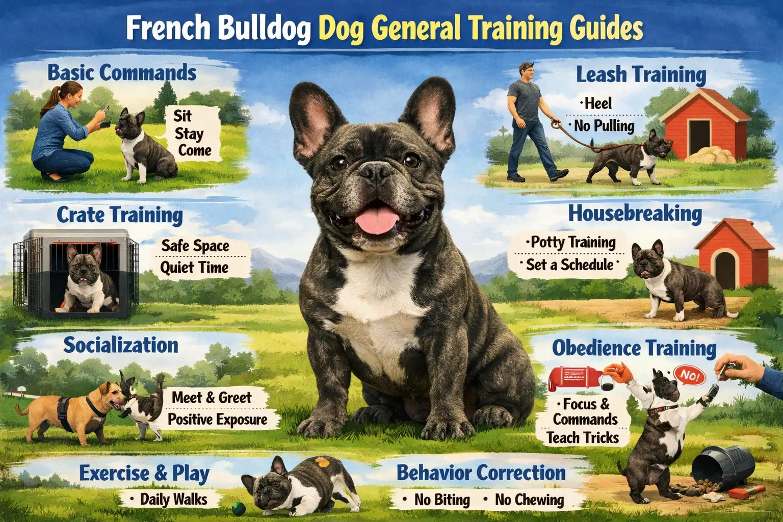 French Bulldog calmly learning basic training commands indoors with an owner using positive reinforcement