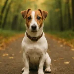 Jack Russell Terrier standing outdoors beside a dog years to human years age chart for small breeds.
