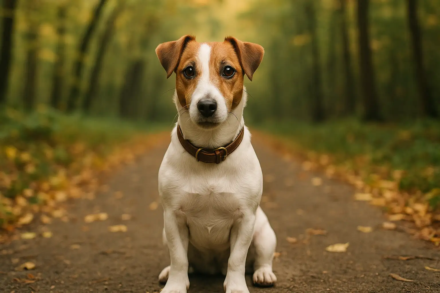 Jack Russell Terrier standing outdoors beside a dog years to human years age chart for small breeds.