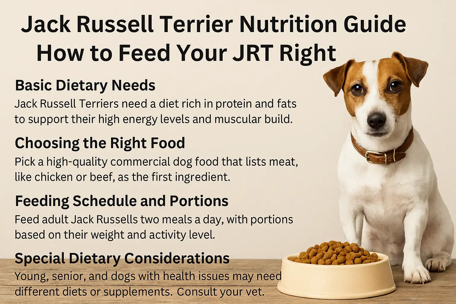 Jack Russell Terrier beside a food bowl, representing a feeding chart with daily portions, calories, and meal schedule guidance