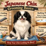Japanese Chin grooming basics showing an adult Japanese Chin with a silky black and white coat alongside grooming tools for brushing, bathing, nail, ear, and eye care