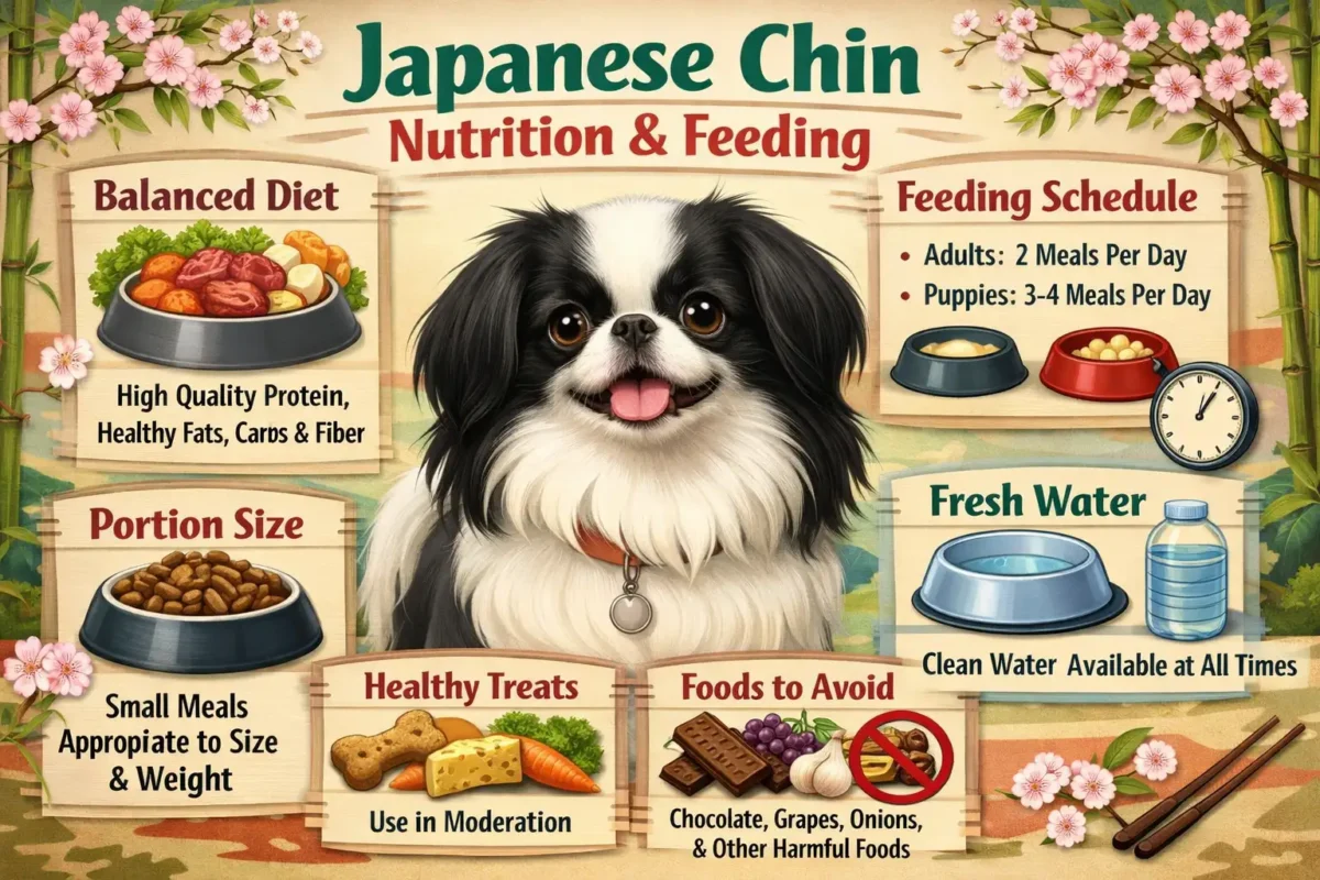 Japanese Chin feeding guide showing portion size, diet plan, and daily food requirements