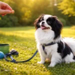 Japanese Chin training session with a small black and white Japanese Chin calmly focusing on its owner indoors
