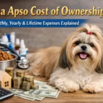 Lhasa Apso dog sitting indoors for a guide about puppy price, monthly expenses, and lifetime ownership costs