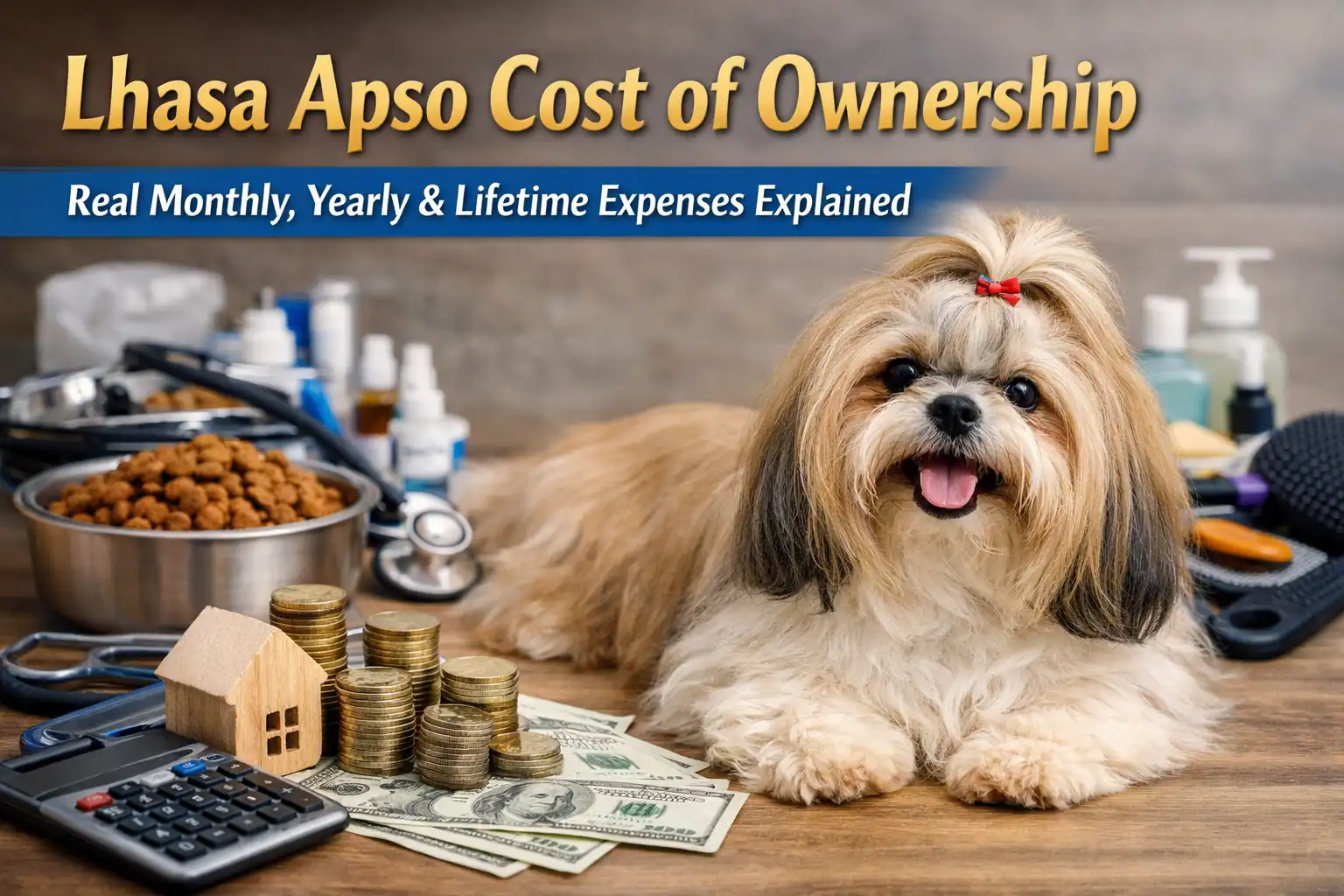Lhasa Apso dog sitting indoors for a guide about puppy price, monthly expenses, and lifetime ownership costs