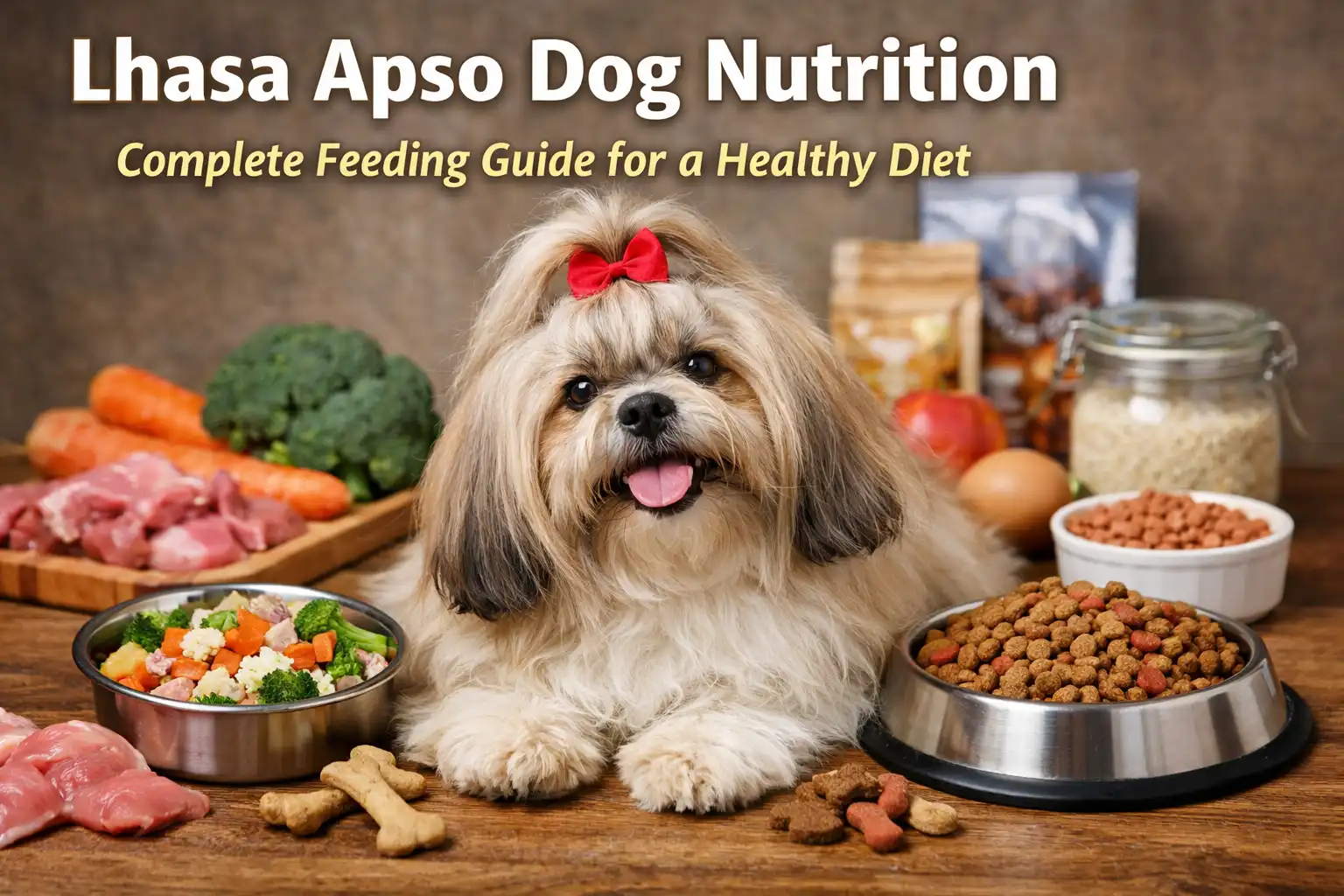 Lhasa Apso food chart with a small long-haired dog beside bowls of kibble and healthy dog-safe foods