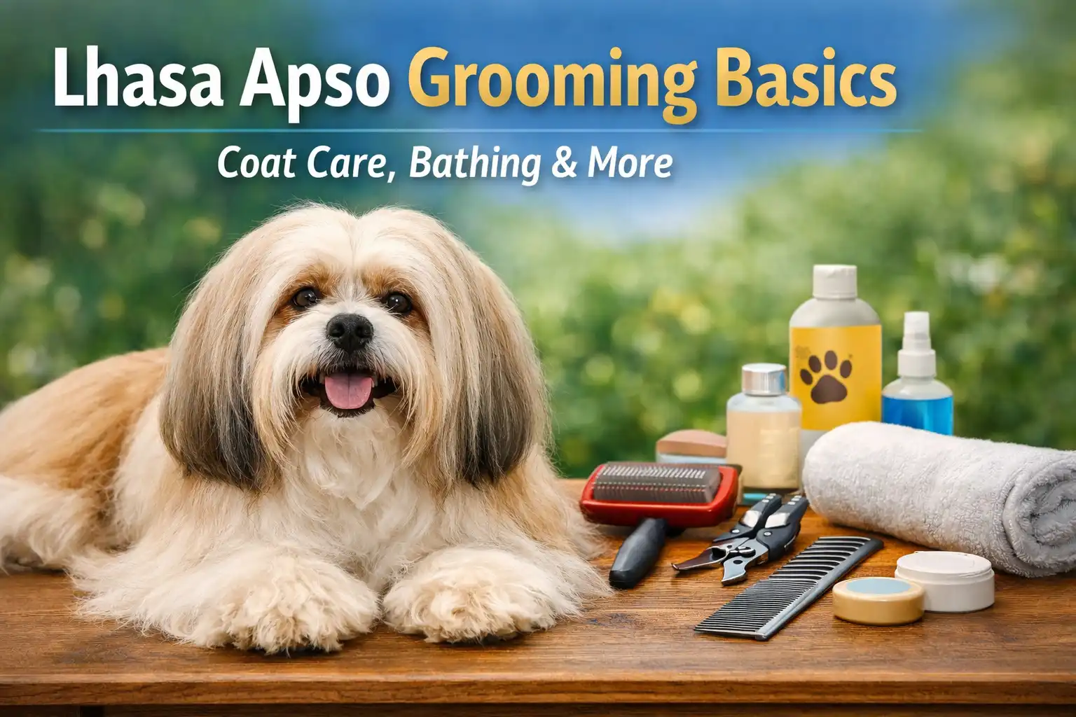 Lhasa Apso grooming at home with gentle brushing for coat care and mat prevention
