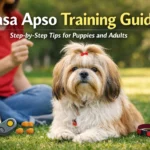 Lhasa Apso dog sitting calmly during a positive reinforcement training session