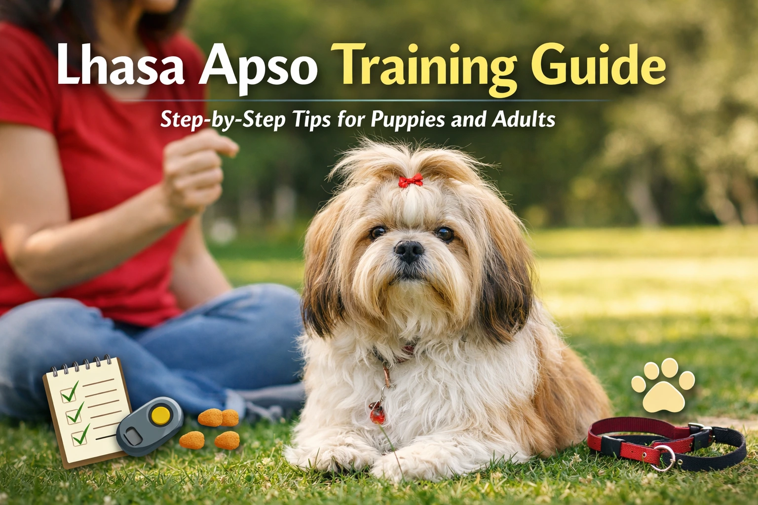 Lhasa Apso dog sitting calmly during a positive reinforcement training session