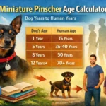 Miniature Pinscher standing outdoors with a dog years to human years age chart, showing how Miniature Pinschers age compared to humans