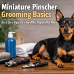 Miniature Pinscher grooming with brush, nail clippers, and shampoo on a table, showing a clean black and tan Miniature Pinscher ready for care.