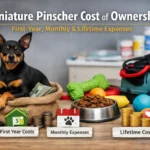 Miniature Pinscher sitting with dog supplies, money, food bowl and accessories showing the real cost of ownership