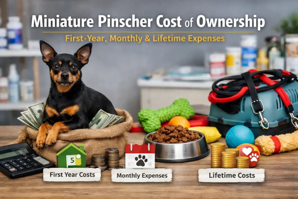 Miniature Pinscher sitting with dog supplies, money, food bowl and accessories showing the real cost of ownership