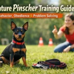 Miniature Pinscher sitting on grass with a leash and treats while being trained by owner outdoors