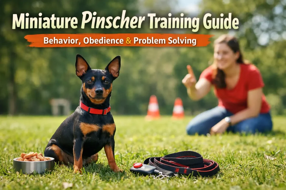 Miniature Pinscher sitting on grass with a leash and treats while being trained by owner outdoors