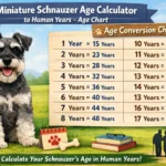 Miniature Schnauzer age chart showing dog years to human years with life stages from puppy to senior