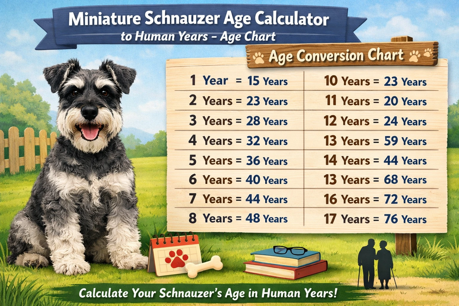 Miniature Schnauzer age chart showing dog years to human years with life stages from puppy to senior